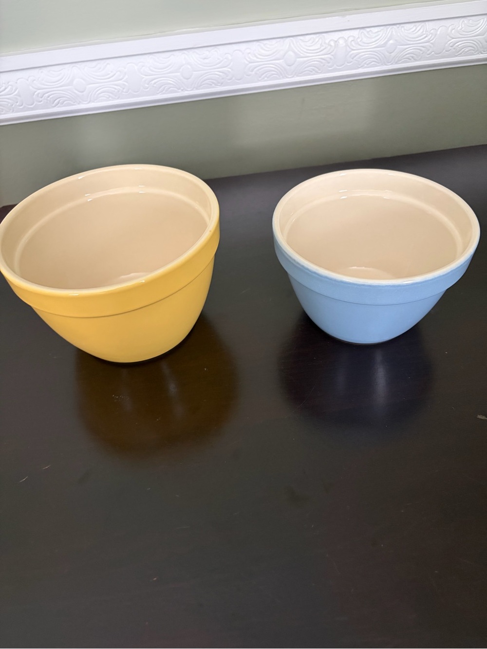 Crate and Barrel Set of Two Stoneware Mixing Bowls - Yellow and Light Blue